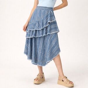 Anthropologie Pilcro Chambray Striped Ruffle Tiered Midi Skirt Chambray Size 2